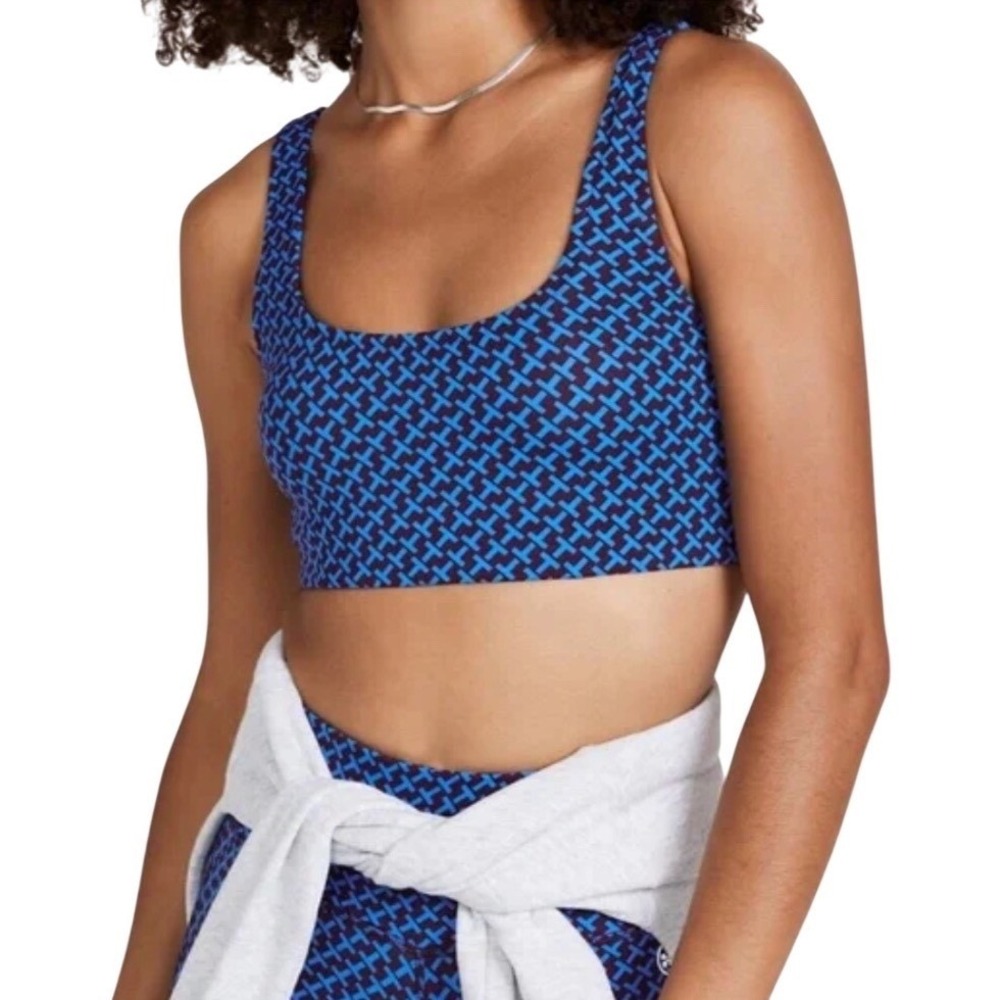 Tory Burch Printed Scoop Sports Bra in Spectrum Blue Diagonal Size Small $98